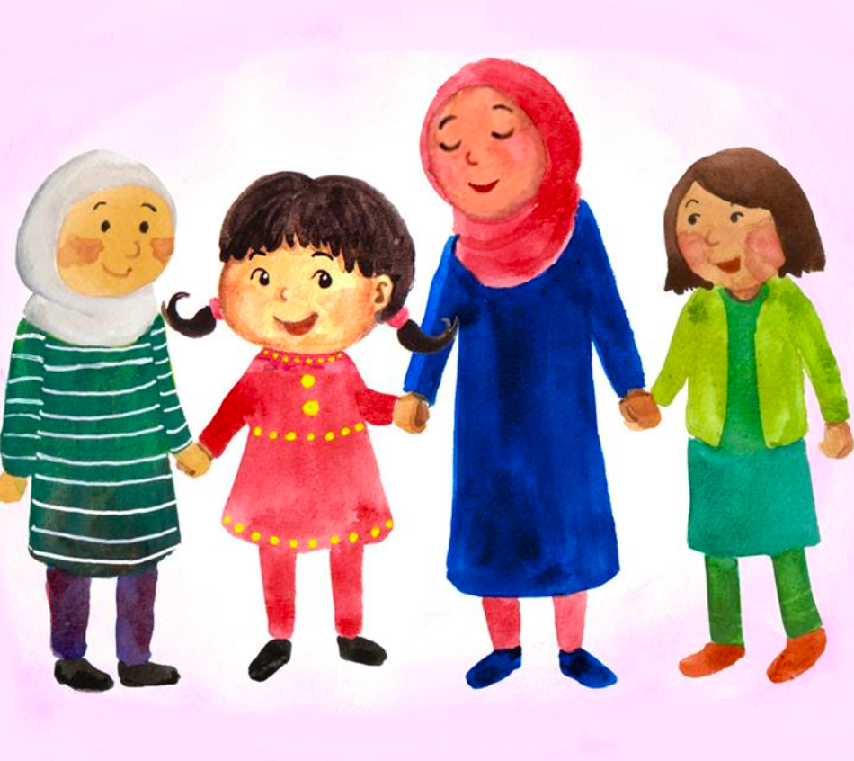 watercolour style illustration of children holding hands