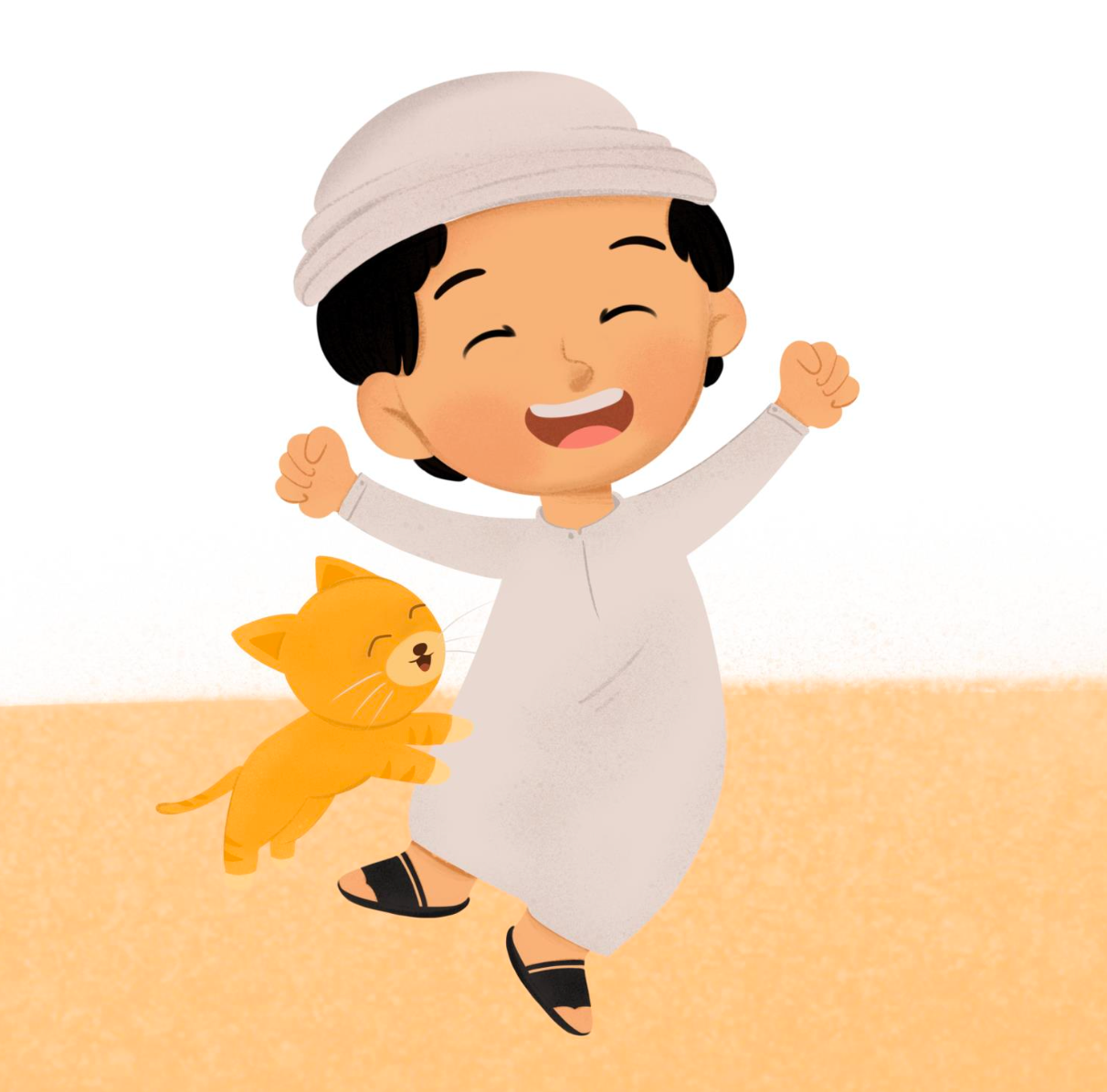 illustration of a boy and a cat jumping for joy