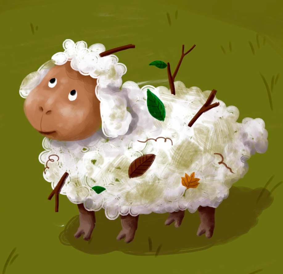 a messy sheep covered in twigs and leaves
