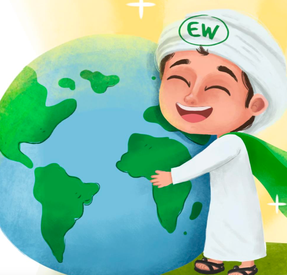 Illustration of happy boy hugging earth