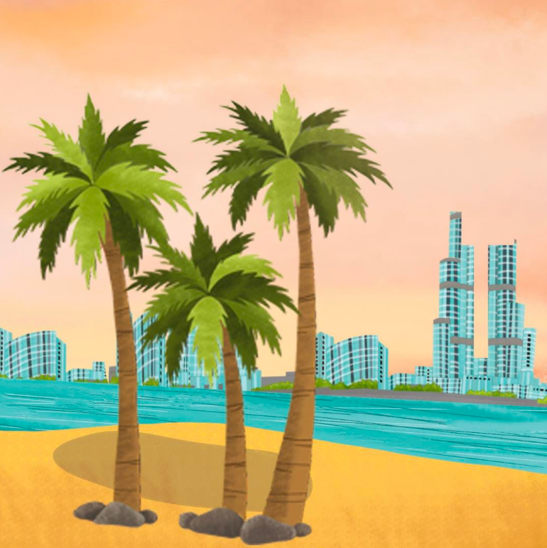 Cartoon illustration of palm trees, desert and modern buildings in the distance