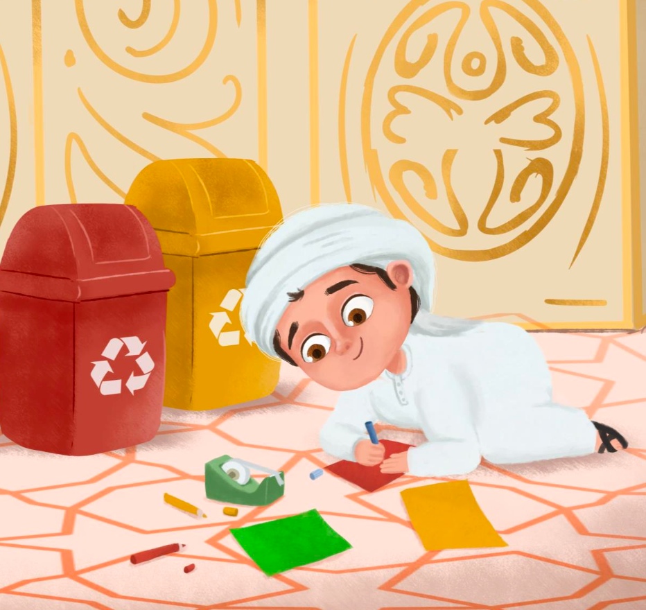Illustration of young boy wearing a Tayebi while labelleing recycling bins